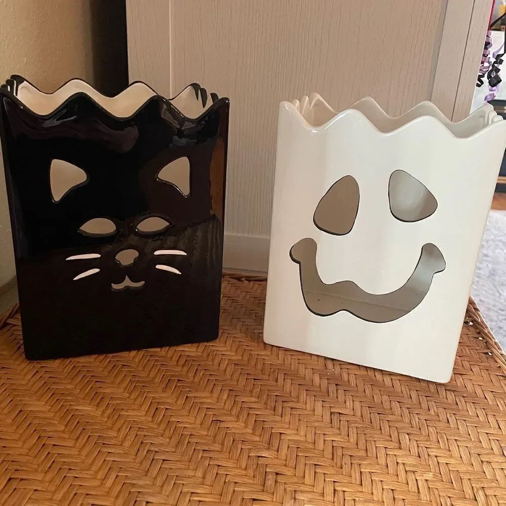 Harry and David Vintage Ghost and Black Cat Large Ceramic Tea Light Candle Boxes